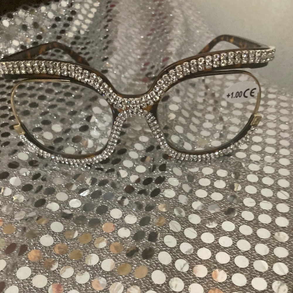 Silver and Black Cat-Eye Glasses with Crystal Embellishments